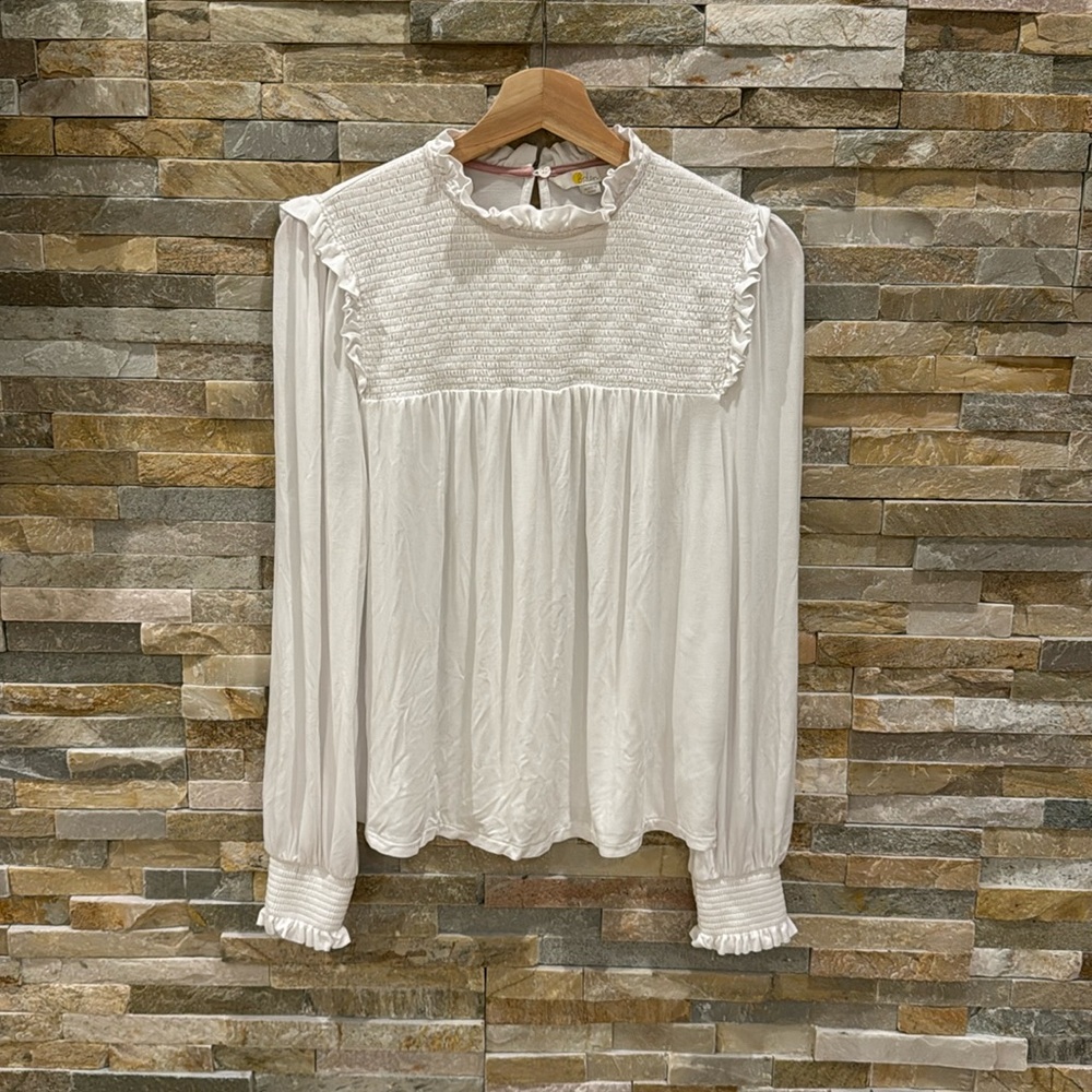 Boden White Ruffled Smocked Yoke Long-Sleeve Blouse